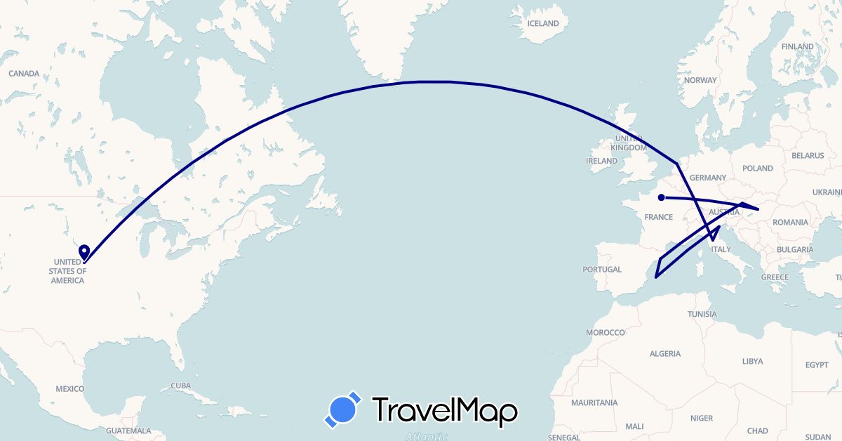 TravelMap itinerary: driving in Austria, Spain, France, Hungary, Italy, Netherlands, United States (Europe, North America)