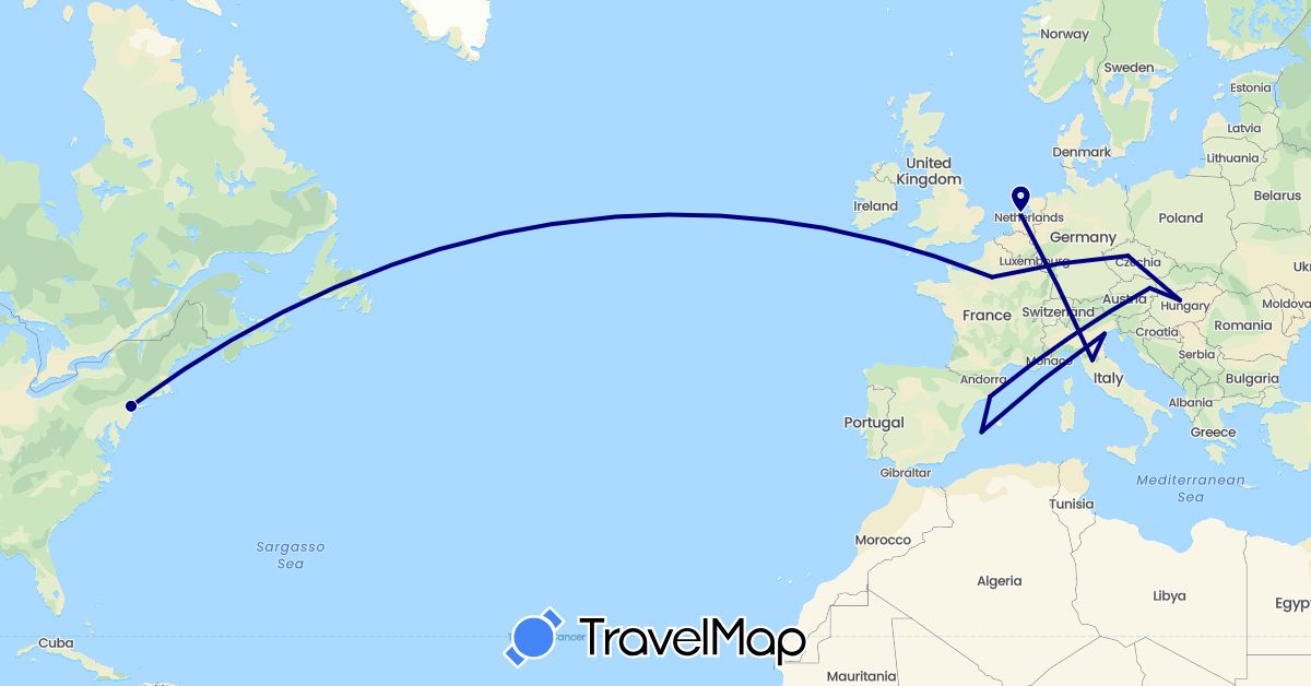 TravelMap itinerary: driving in Austria, Czech Republic, Spain, France, Hungary, Italy, Netherlands, United States (Europe, North America)